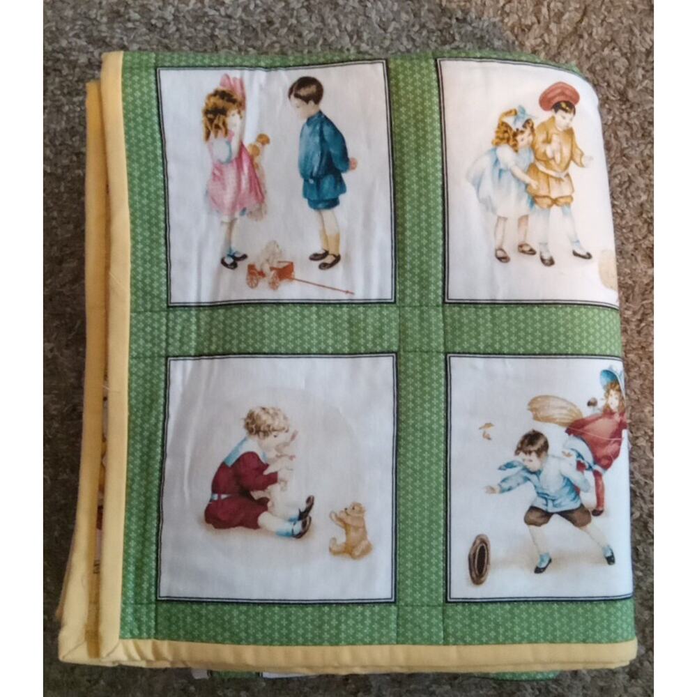 Bessie Pease Gutmann Lap Or Baby Quilt Vintage Fabric Children Green Quilt 40x47
